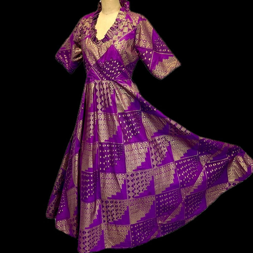 African Ankara heritage cultural dress long maxi‎ violet purple gold ruffle neck